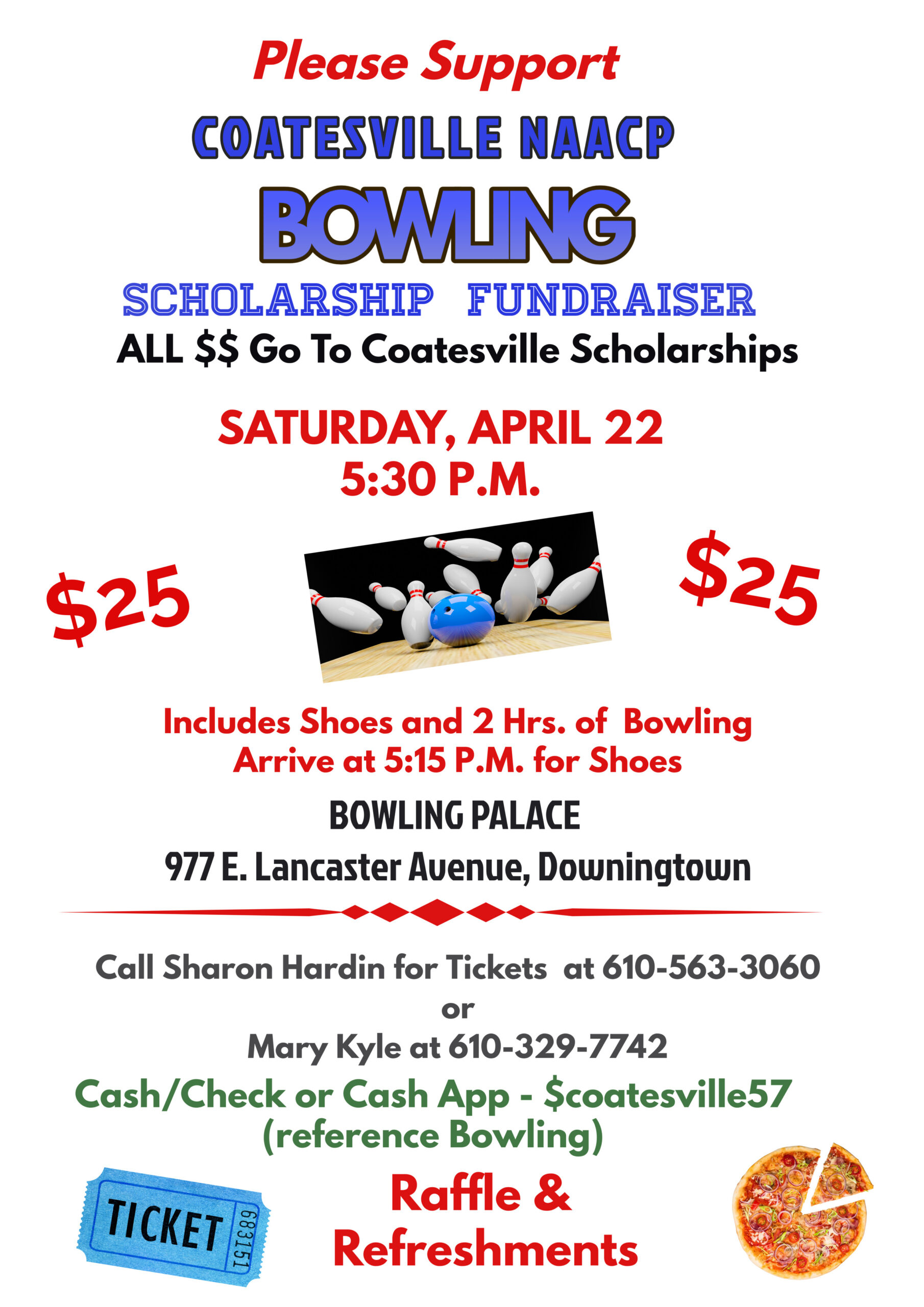 Mark your calendars for the Coatesville Area Branch of the NAACP Bowling Scholarship Fundraiser on Saturday April 22, 5:30PM Sharp! Meet us at Bowling Palace in Downingtown.